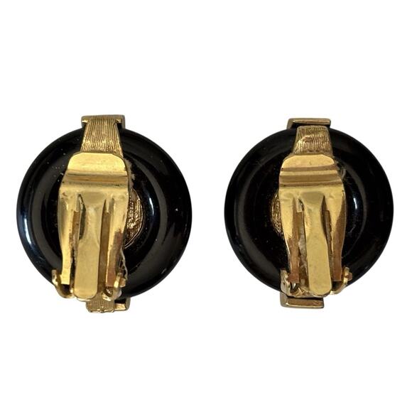 KENNETH J.L. Earrings, Gold tone, Black Enamel and White Faux Pearl, Clip on - Picture 2 of 10